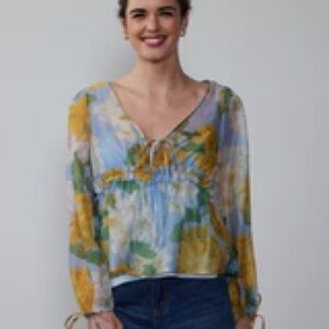 New York & Company Blue & Gold Floral Babydoll Boho Peasant Blouse Chiffon Gauze
